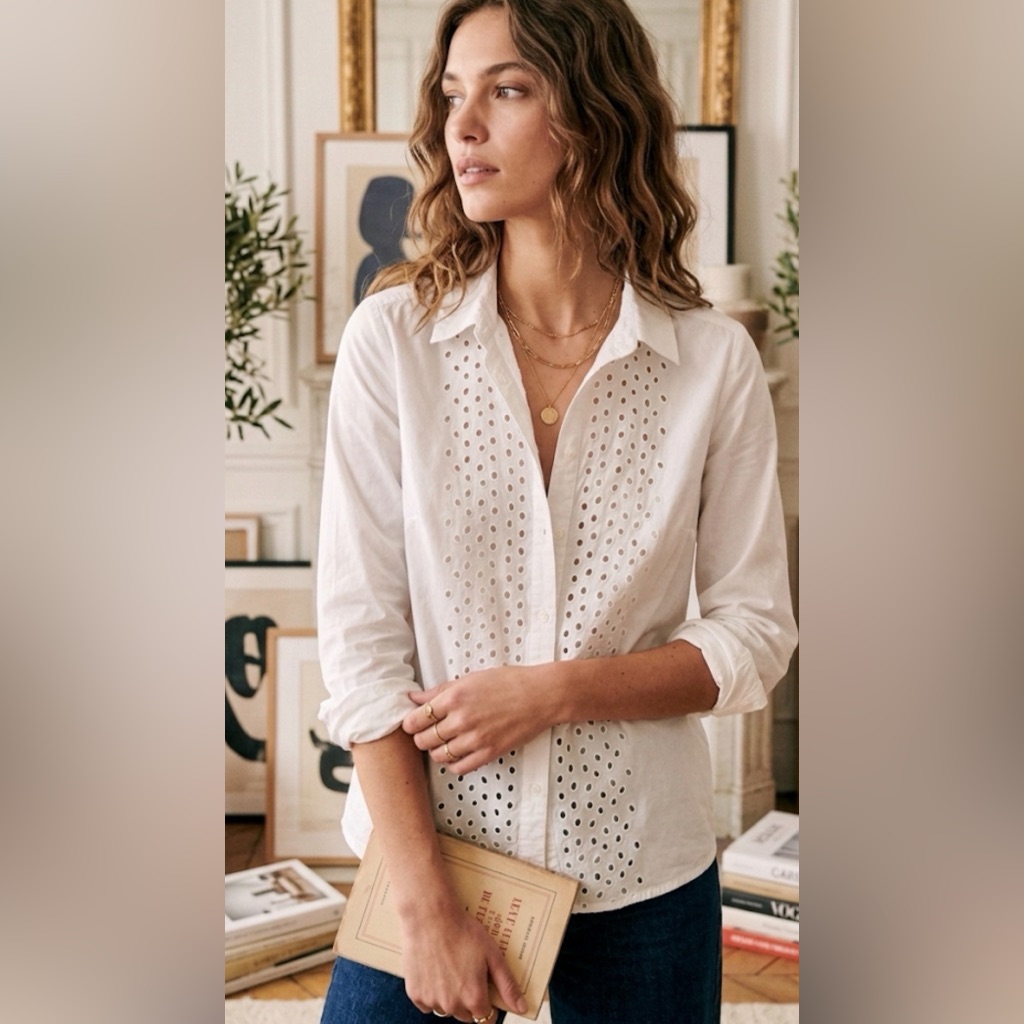Boden $140 Size S White Eyelet Button Down | Embroidered Cutout Shirt.